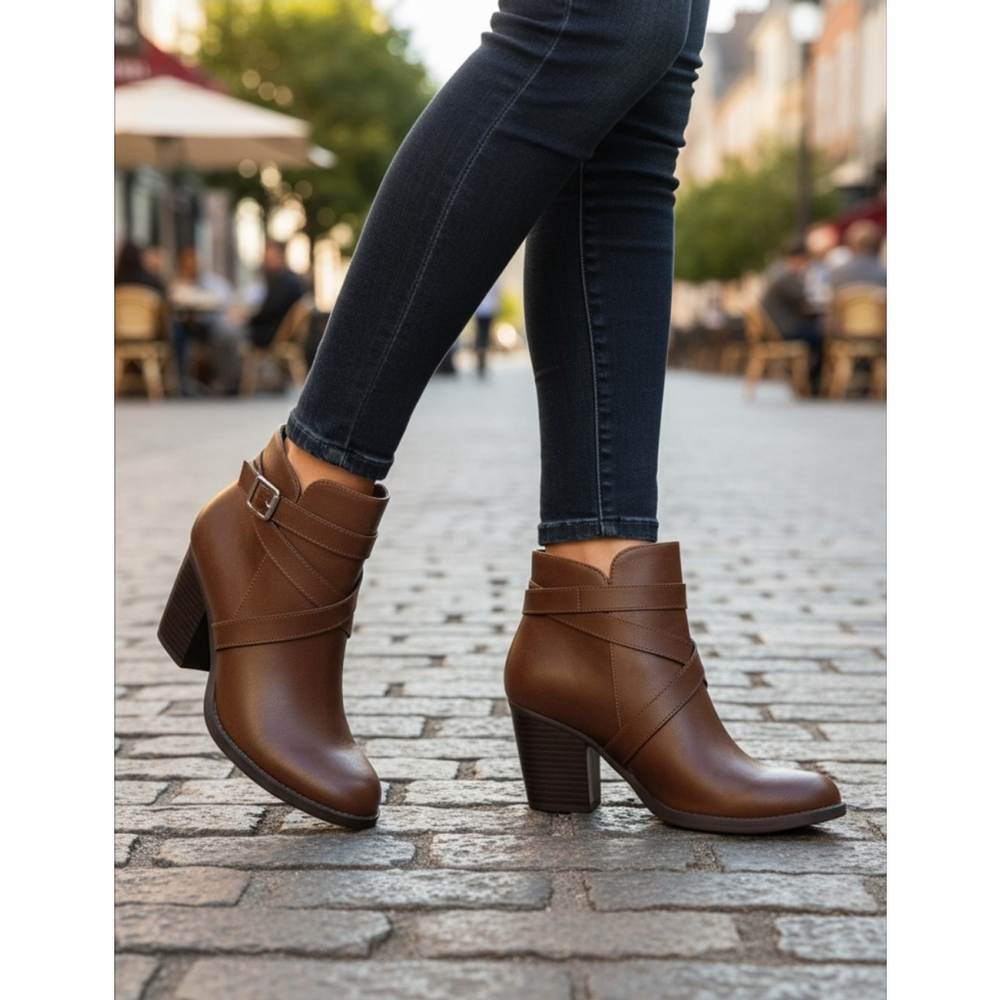 Style & Co Buckle Criss Cross Strap Boots Booties SZ 10 M Cognac Brown